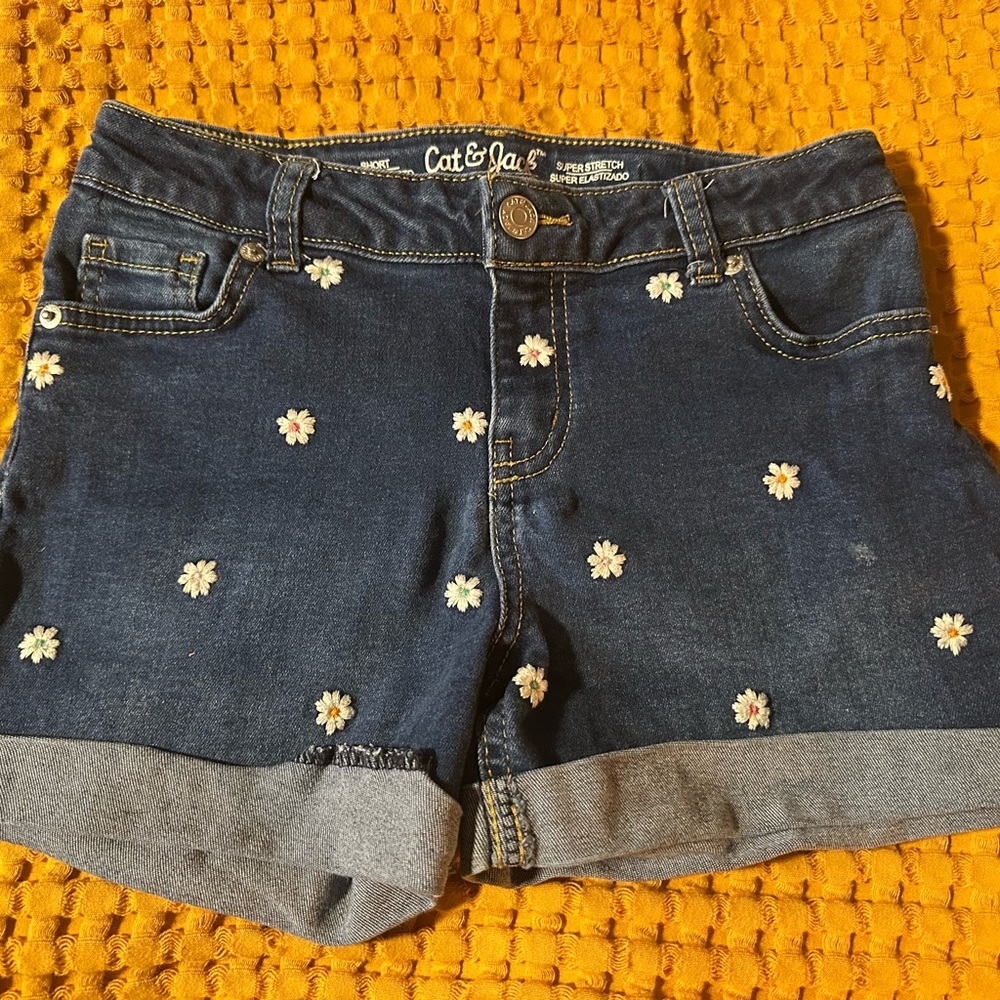 Cat & Jack Dark Blue Jean Shorts with Floral Accents